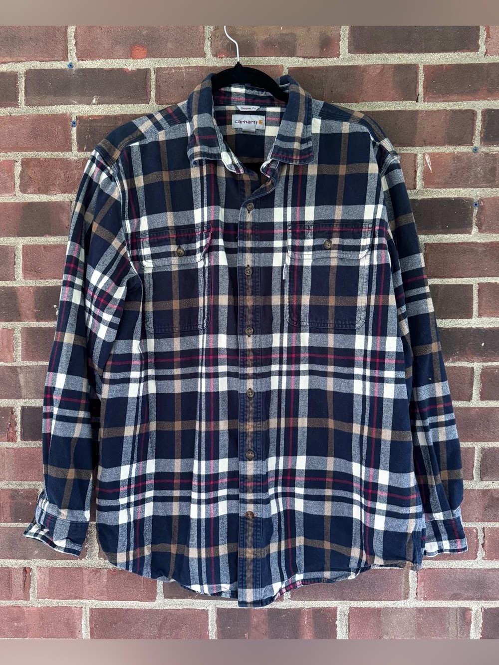 Carhartt Original Fit Flannel Shirt Mens Large L Blue Plaid Cotton Button Up